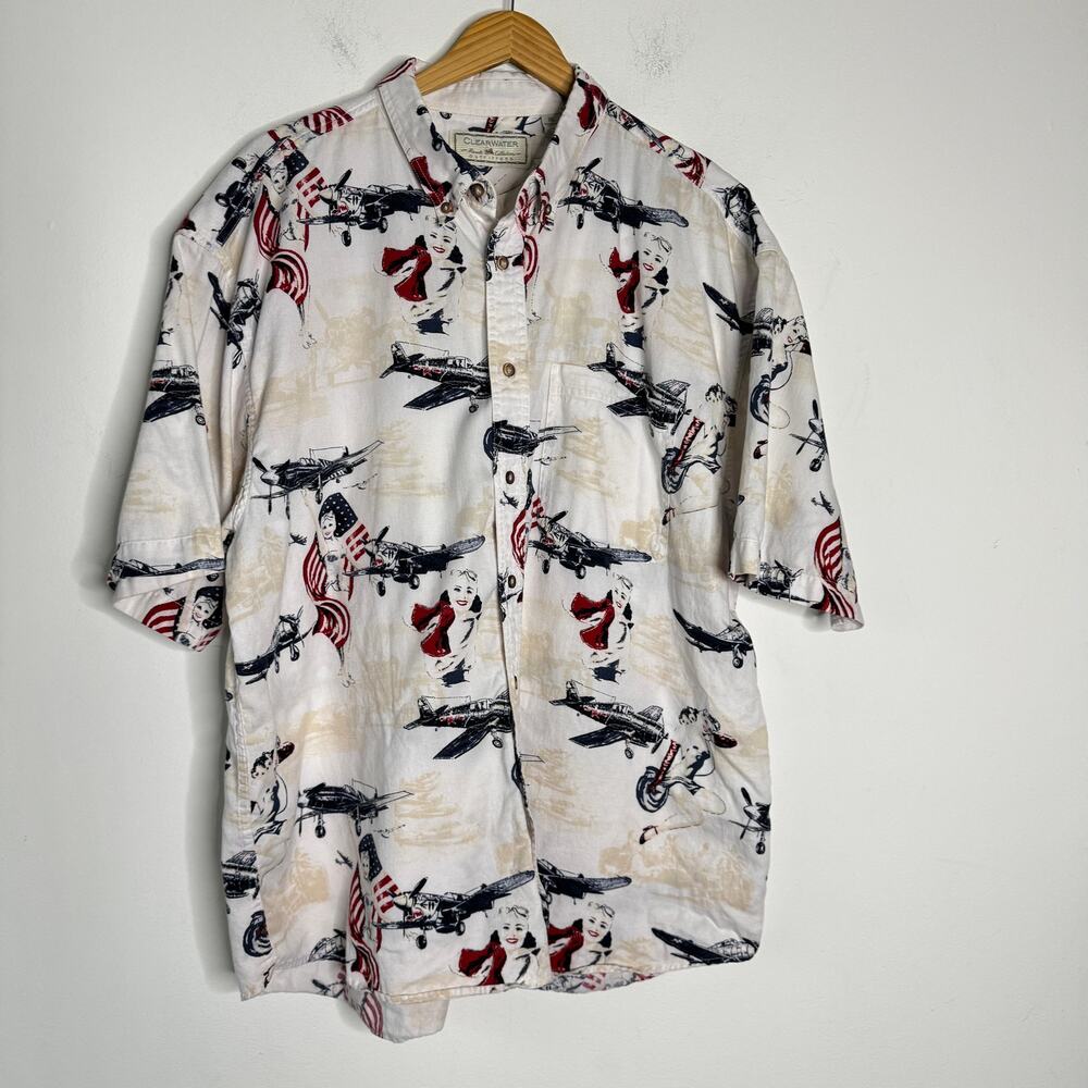 Clearwater Shirt Mens XL White Plane Pin Up Girl Flag Resort Camp Button‎ Up